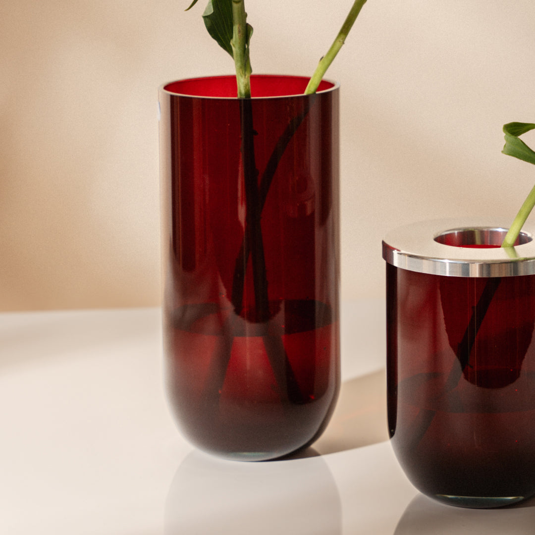 Duo glass vase, red and silver, 24 cm