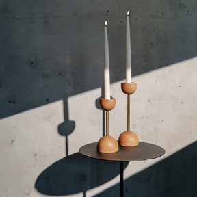 Duo candleholder, oak and gold, 19 cm