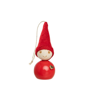 A small decorative elf ornament with a red felt hat, a round red body, a light wood face  and a small golden heart accent, shown on a plain white background.