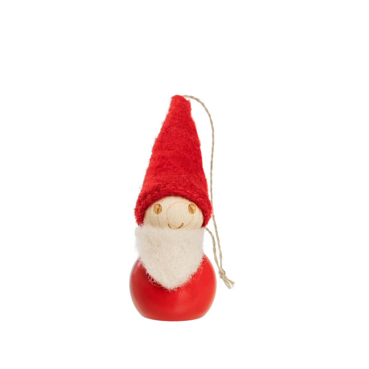 A small wooden elf ornament with a red felt hat, white felt beard, and red body, against a plain white background.
