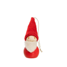 A small wooden elf ornament with a red felt hat, white felt beard, and red body, against a plain white background.