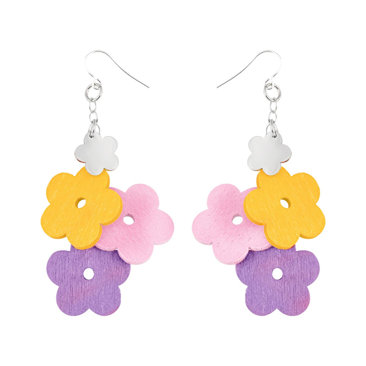 Kukkaniitty earrings, purple, pink, and yellow