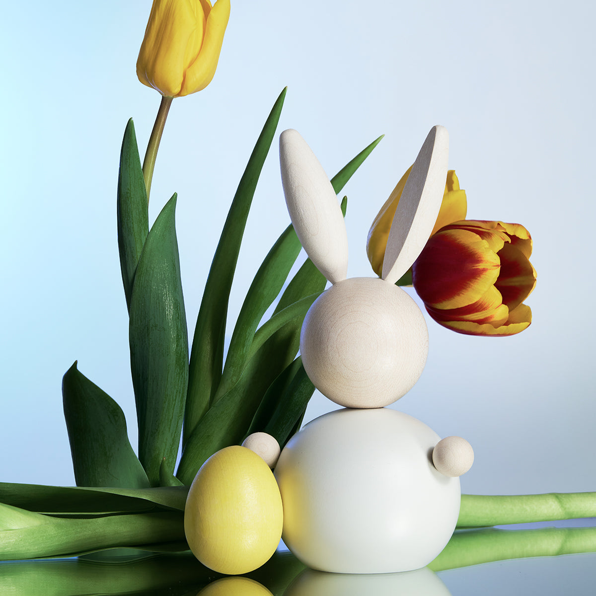 Rabbit Easter egg wooden figurine, 16 cm, white and yellow