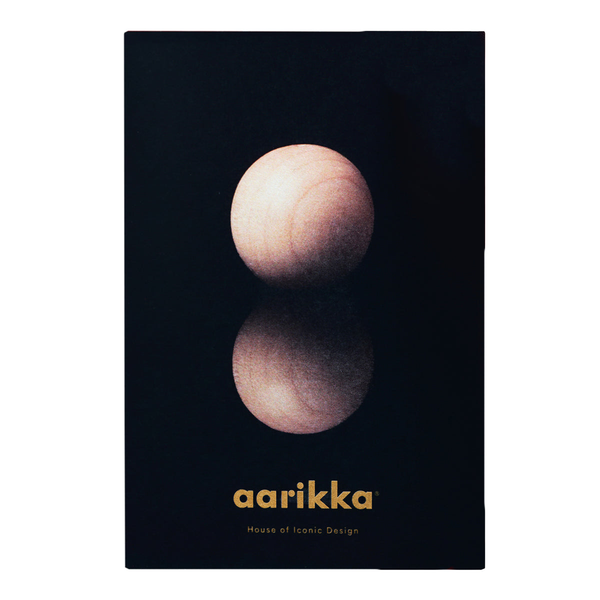 Aarikka gift card featuring a minimalist design with a warm beige sphere and its reflection on a black background, with the brand name 'aarikka' in gold at the bottom.