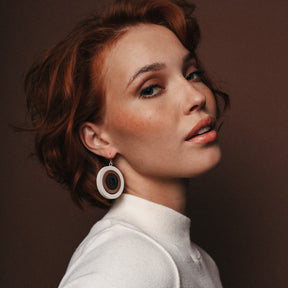 Olga earrings, white, brown, and black
